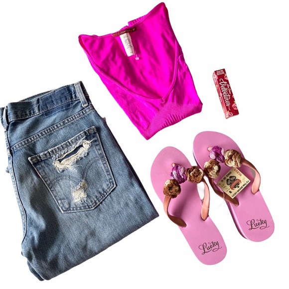 new Lucky Brand ♧ Floral Crochet Trim Platform Flip Flop ♧ Rose Pink ♧ Size 6 - Picture 2 of 16